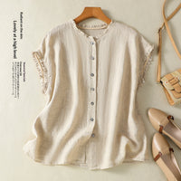 Womens Ruffle-Trimmed Cotton-Linen Sleeveless Shirt