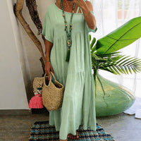 Casual Slash Neck Short Sleeve Cotton Linen Solid Color Womens Dress