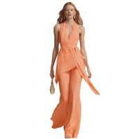 Neck-hanging Backless Belted Sleeveless Wide-leg Suit For Women