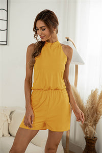 Split Back Button Halter Off-shoulder Jumpsuit Shorts