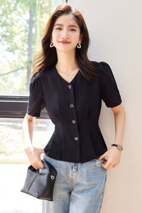 Lady Temperament V-neck Puff Short Sleeve Solid Color Slim Fit Slimming Shirt