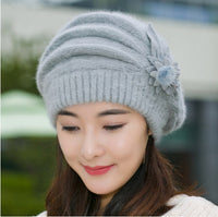 Women's Korean Style Flower Rabbit Fur Hat Thickened Warm Knitted
