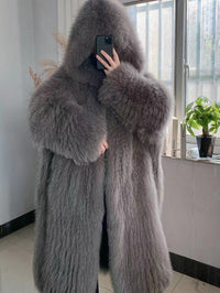 Gray Braided Fox Fur Hooded Loose Over The Knee Fur Coat