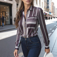 Elegant Sophisticated Striped Patchwork Print Blouse With Long Sleeves For Workwear