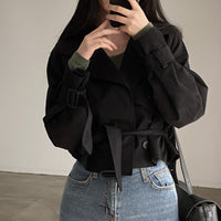 Retro Lapels Lace-up Loose Solid Color Suit Collar Long Sleeve