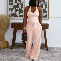 European And American Style Summer Solid Color Casual Halter Top And High-Waist Wide-Leg Pants With Pockets