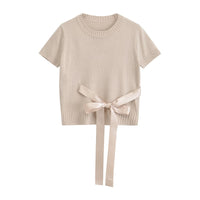 Women's Fashion Round Neck Bowknot Short Sleeve Thin Sweater