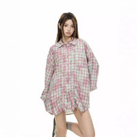 Retro Plaid Denim Collar Shirt Autumn