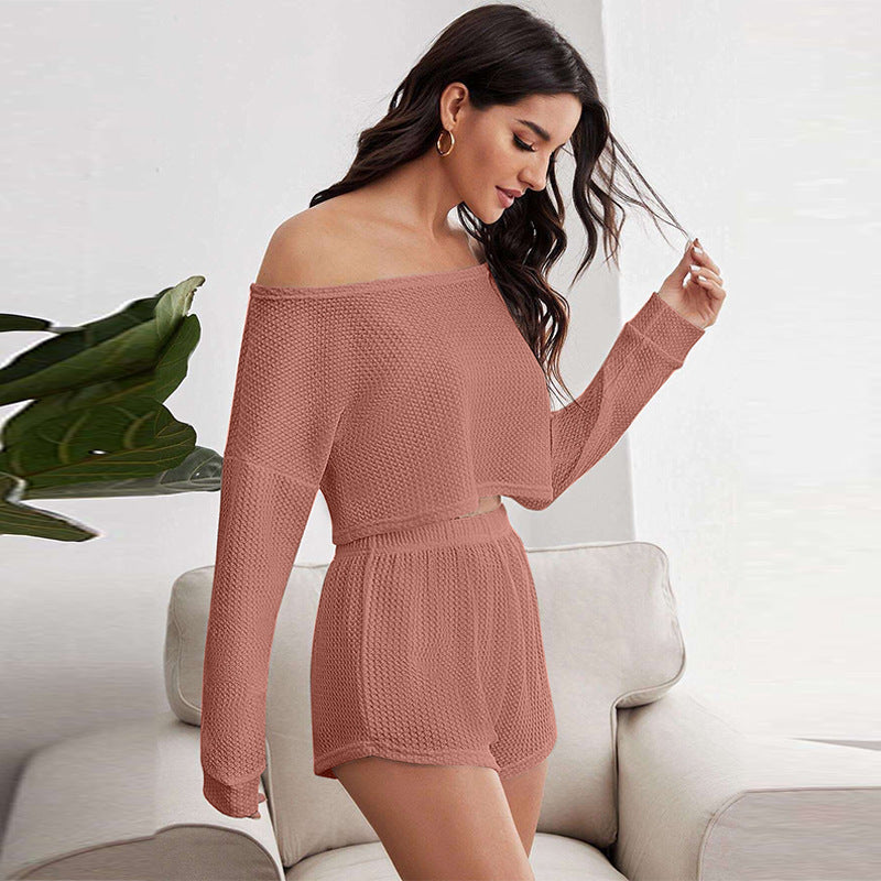 Pajamas Off-shoulder Top Shorts Breathable Waffle Casual Homewear Suit