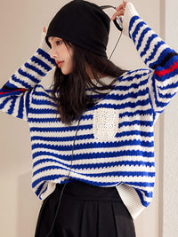 Autumn And Winter Blue Women's Striped Pullover Fashionable Sweater
