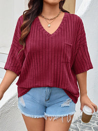Fashionable Casual Womens Solid-Color V-Neck Top With Pockets And Three-Quarter Sleeves