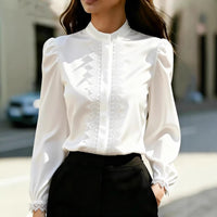 Satin Lace-Patchwork Stand-Collar Shirt Top For Women