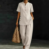Womens Comfortable Linen Two-Piece Set Button-Up Shirt And Wide-Leg Pants