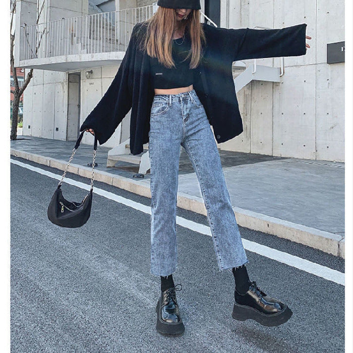 High Waist Slim Black Straight-leg Pants Cropped Jeans