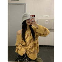 Lazy Style Striped Color-blocking Off-shoulder Knit Sweater Women's New Springautumn Style