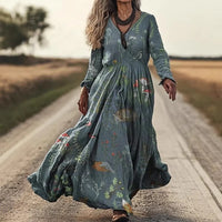 Personalized Retro Chic V-Neck Long-Sleeve Dress