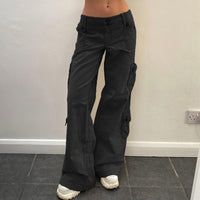 Womens Retro Style Irregular Wide Pocket Denim Jeans With A Wide Belt