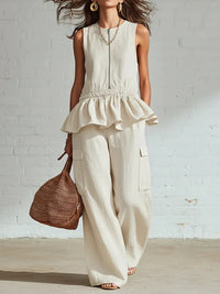 Summer Sleeveless Pleated Tank Top And Wide Leg Pants Set For Women