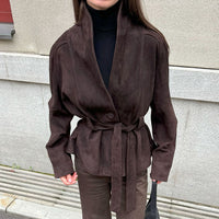 Retro Suede Long-sleeved Jacket Brushed Velvet Coat For Women