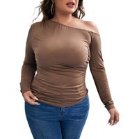 Women's Slim-fitting Sexy Off-shoulder Oblique Collar Knit Long-sleeve Top