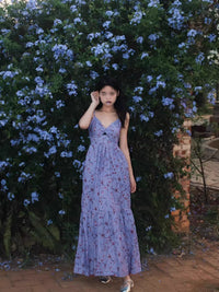 French-style Blue Floral Strap Dress For Women