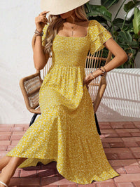 New European And American-style Square-neck Puffed-sleeve Floral-print Dress