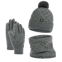 Autumn And Winter Hat Scarf Gloves Knitted Hat Amazon Outdoor Fleece-lined Warm Fur Ball Thickened Woolen Cap Three-piece Set
