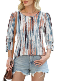 Women's Printed Elegant 34 Sleeves Round Neck T-shirt With Buttons