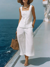 Classic Cotton-linen Square-neck Top And Capri Pants Set