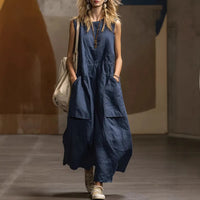 Womens Loose-Fitting Sleeveless Cotton-Linen Dress With Pockets