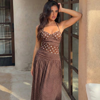 Womens Sexy Neck-Strap Polka-Dot Retro Ruffled Elegant Polka-Dot Dress