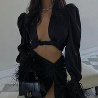 Graceful Satin Lace Up Short Midriff-baring Long Sleeve Top Sexy Casual