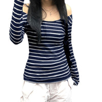 Oblique Shoulder Stripes Lightweight Slim-fit Long Sleeve Casual Top