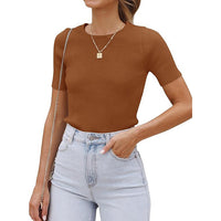 Top Hot Girl Autumn Short Sleeve Slim Round Neck Rib Milk Silk T-shirt For Women