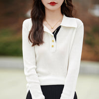 Spring Color Stitching Turnover Neck Design Women's Tencel Sweater