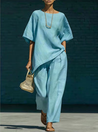 Short-sleeve Top With An Asymmetrical Hem And Wide-leg Pants Set