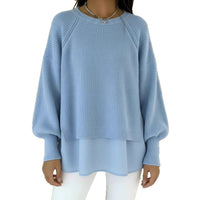 Solid Color Casual Crew Neck Sweater With A Chiffon Hem And Puff Sleeves