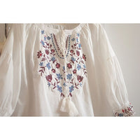 Womens Embroidered Lace-Trimmed Collar Puff-Sleeve TopBlouse