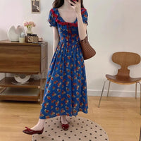 Womens Blue Square-Neck Floral Puff-Sleeve Dress