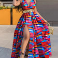 Printed Waist-cinching Mid-rise Elegant Maxi Dress With A Sexy Slit And An Optional Belt