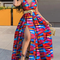 Printed Waist-cinching Mid-rise Elegant Maxi Dress With A Sexy Slit And An Optional Belt