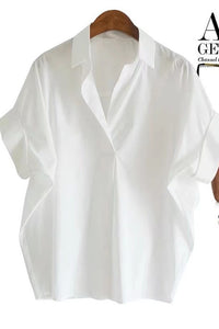 Women's Summer Cotton White Shirt Loose Batwing Sleeve Collar Shirt