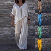 Women's V-Neck Short Sleeve Pullover Top And Matching Long Pants Casual Cotton Blend Multicolor Outfit