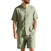 American Linen Suit Men's Summer Two-piece Suit Henry Collar Beach