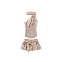 Stylish Plaid Halter-Neck Cami With Lace-Up A-Line Culotte Set