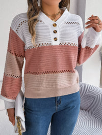 Women Casual Button V-Neck Hollow Out Color Block Lantern Sleeve Pullover Sweater
