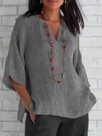 Three-quarter-sleeve Cotton-linenSolid-color Loose-fit Casual Shirt
