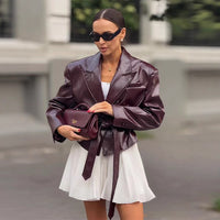 Lychee Pattern Leather Coat Slim Fit Fitted Waist Turn-down Collar Tie-front Top