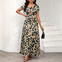 Leopard-Print Rose Floral Fashionable Elegant Waist-Cinching Slimming Dress