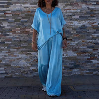 Women's V-Neck Short Sleeve Pullover Top And Matching Long Pants Casual Cotton Blend Multicolor Outfit